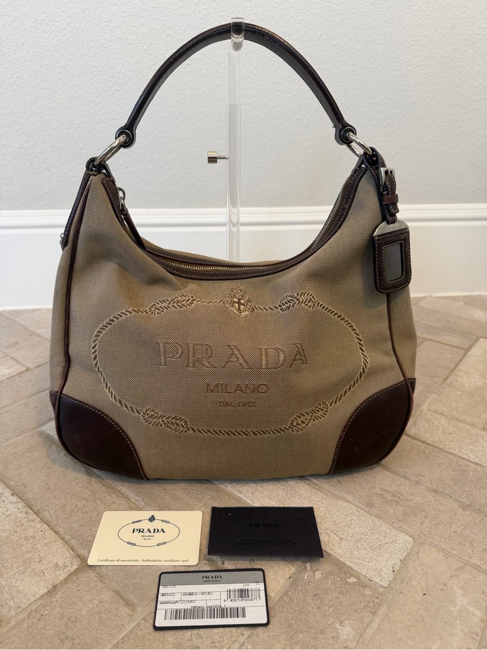 Prada BR3422 Logo Jacquard Corda Moro Leather Hobo Shoulder Bag